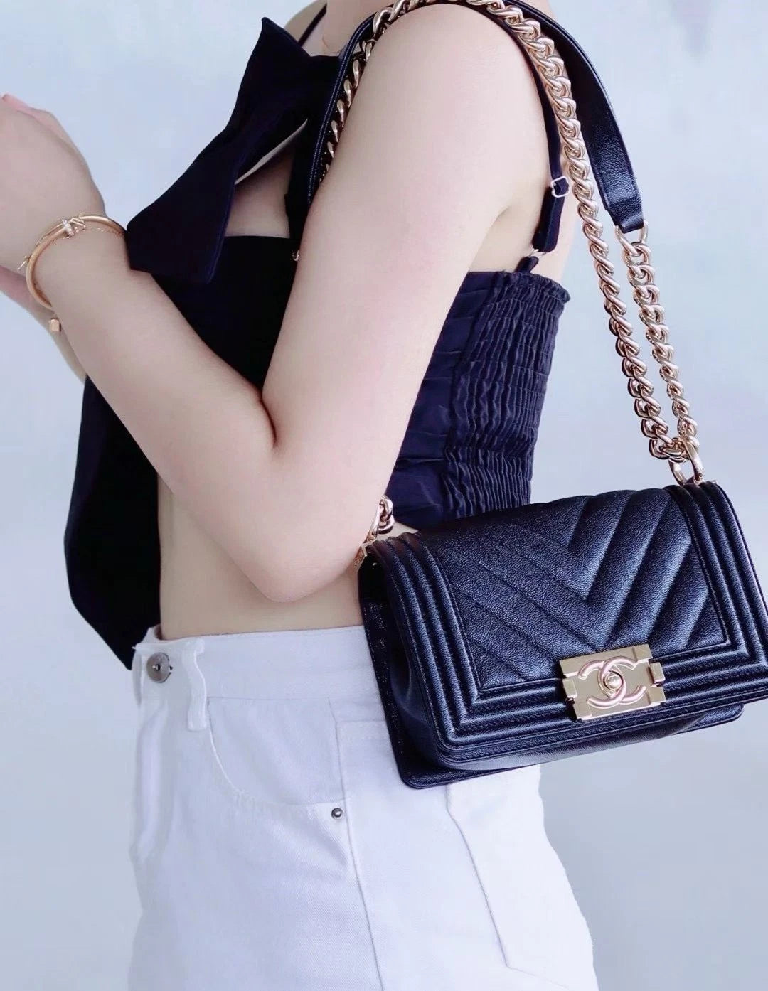 Chanel Leboy PM Calfskin Chain Shoulder Crossbody Black Gold Chevron Women