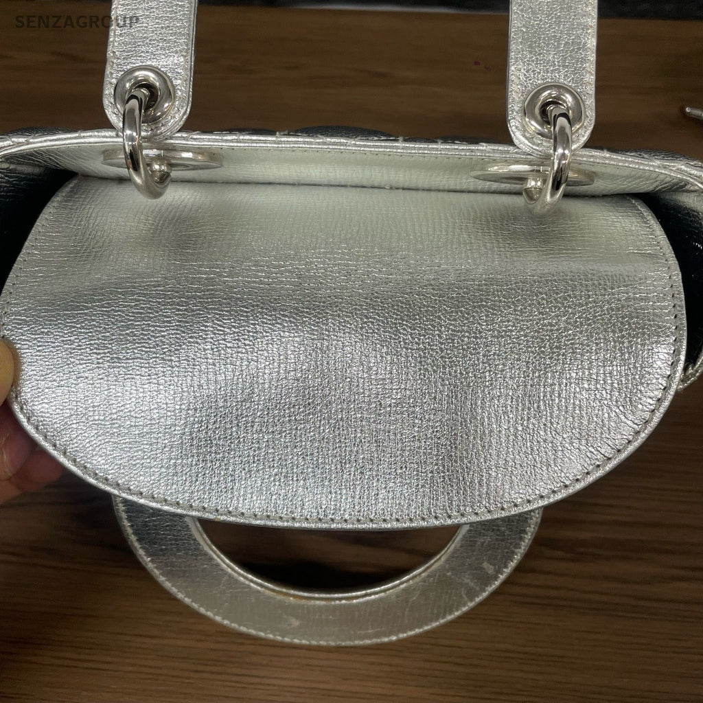 Christian Dior Lady Dior Calfskin Top Handle Bag Crossbody Silver Women Classic