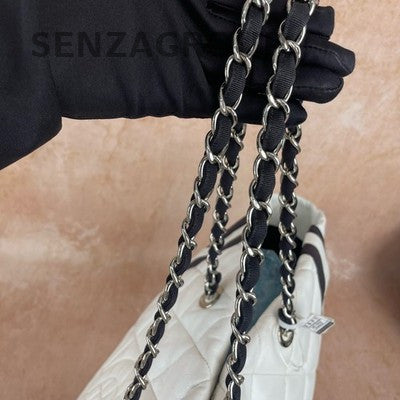 Chanel Black White Lambskin Tote Chain Shoulder Bag Women's Quilted