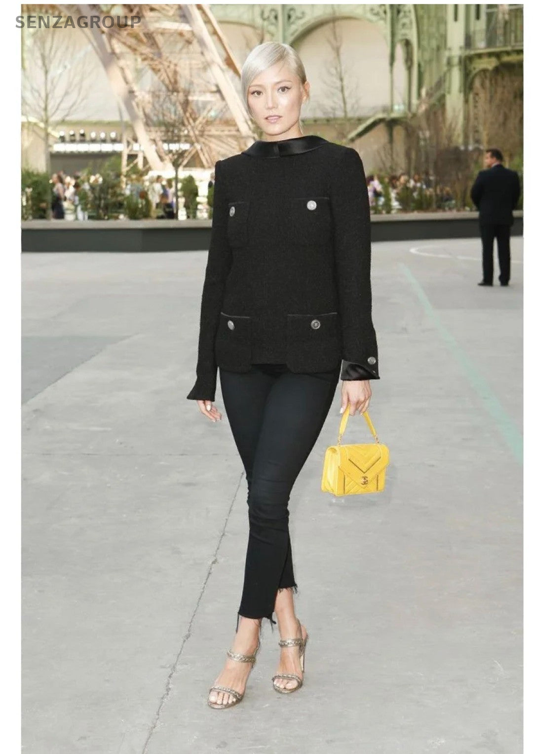 CHANEL Calfskin V-shaped pattern Chain Shoulder Handbag Yellow Women
