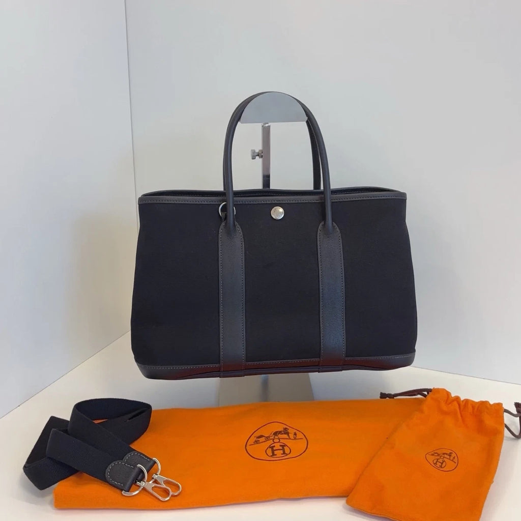 Hermes Garden Party30 Tote Canvas Top Handle Bag Black Silver Women Classic