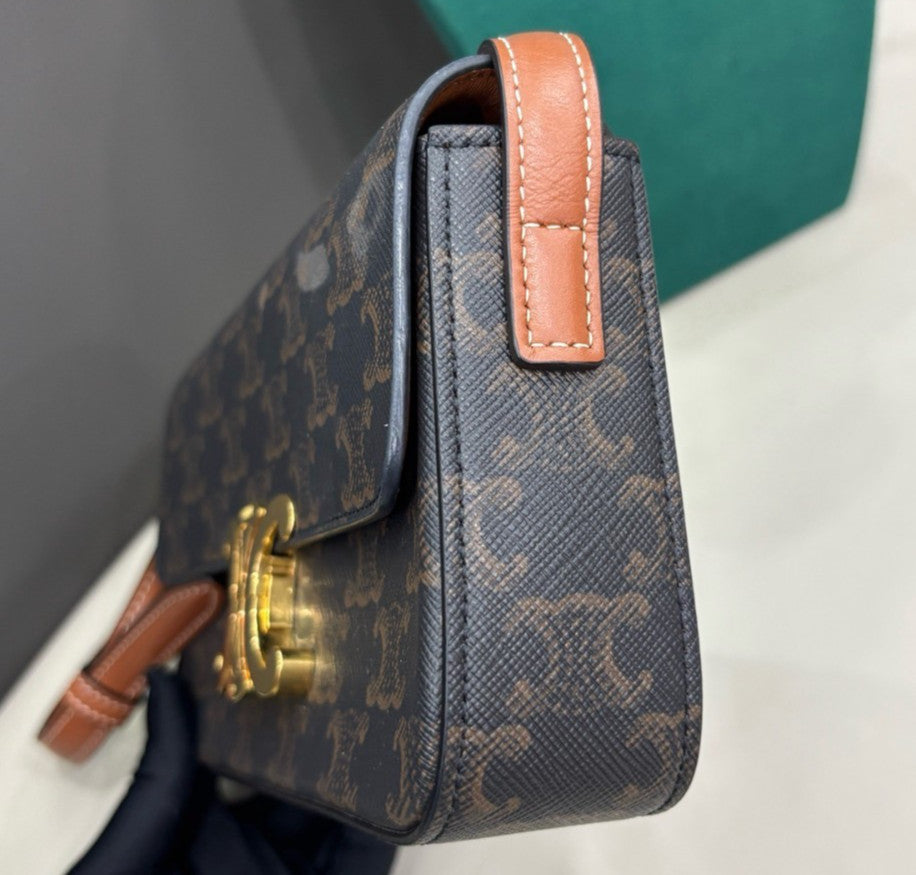 Celine Triomphe Canvas Shoulder Bag Black Brown Gold Women Classic Fashion