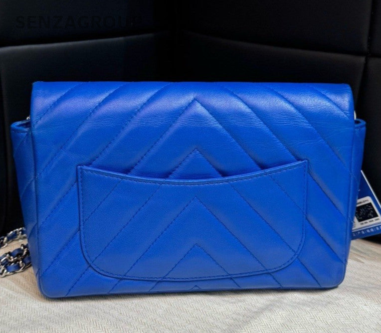 Chanel Classic Flap Mini Lambskin Chain Shoulder Bag Crossbody Blue Silver Women