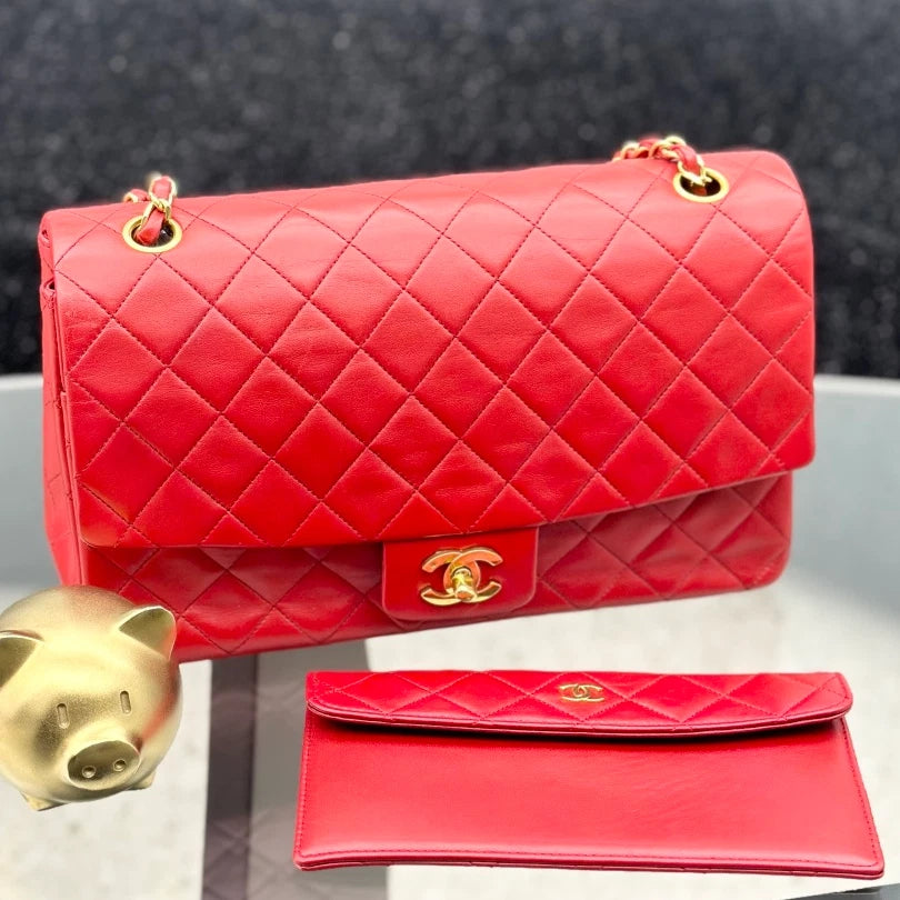 Chanel Vintage Classic Flap Chain Lambskin Shoulder Bag Red Gold Women S