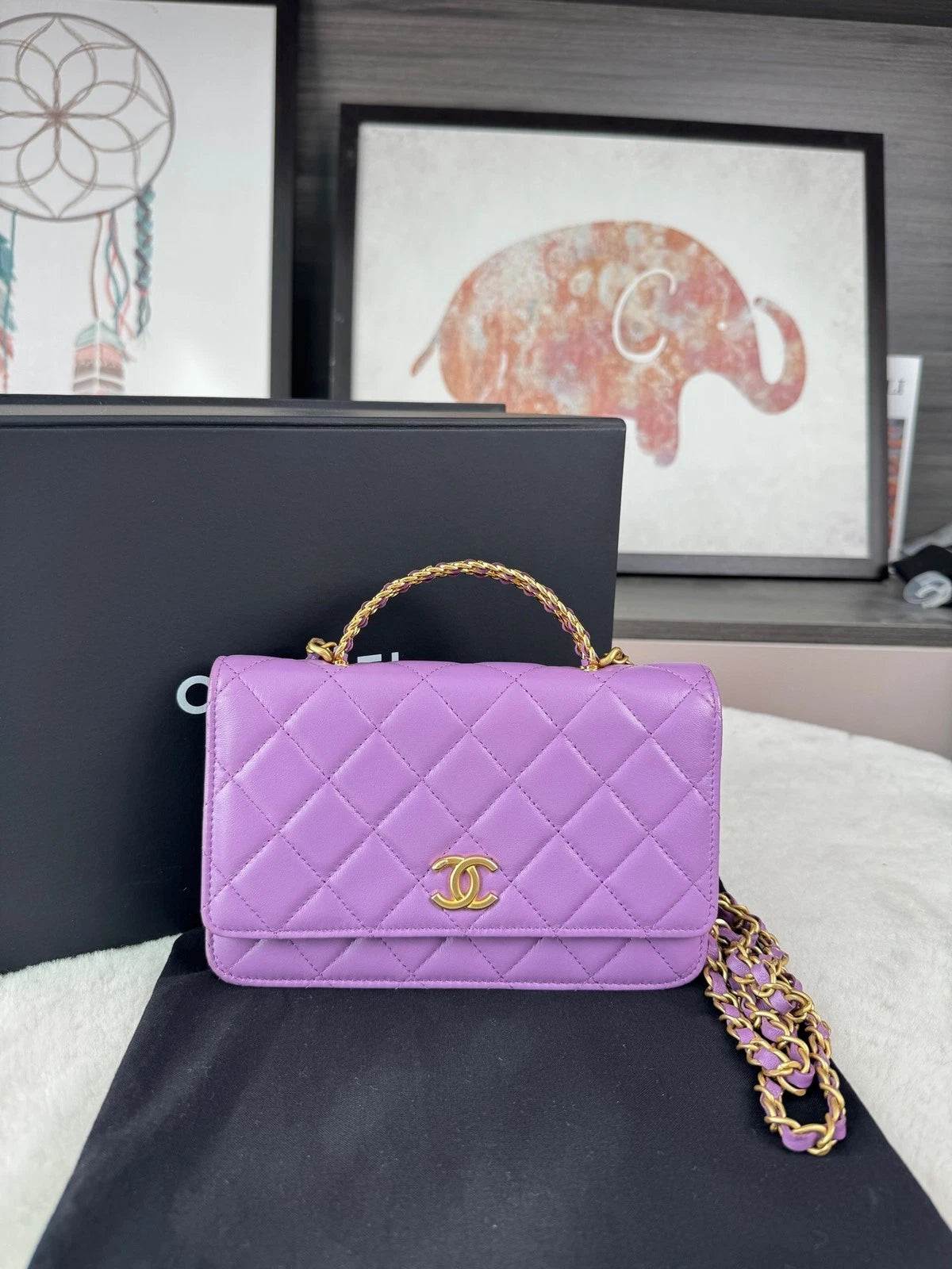 CHANEL Purple Leather Letter Handle WOC Crossbody Bag For Women