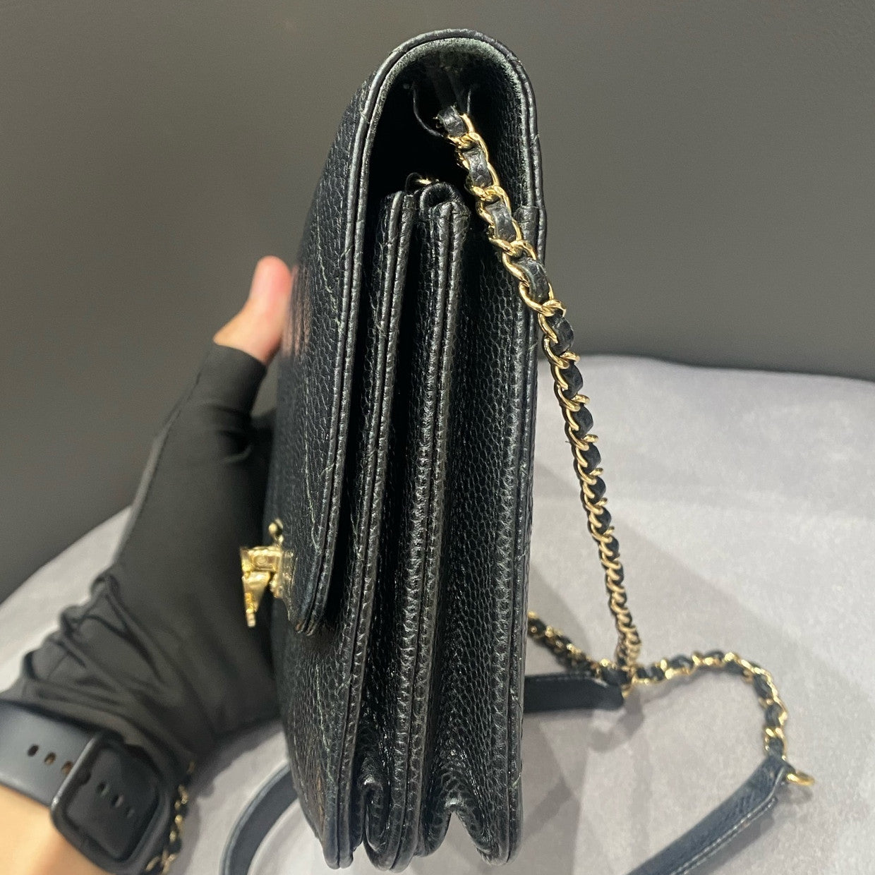 Chanel WOC Quilted Chain Shoulder Crossbody Bag Black Gold Classic