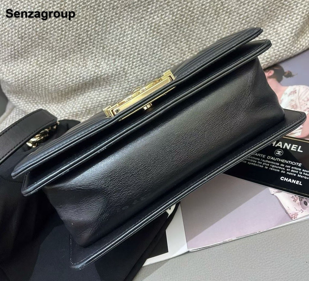 Chanel Leboy PM Chain Calfskin Shoulder Bag Crossbody Black Gold Women Classic