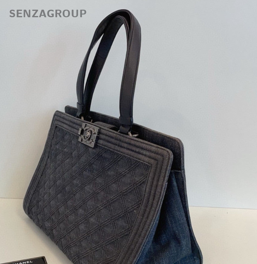 CHANEL Leboy Tote Leather Top Handle Shoulder Bag Women  Deep Blue