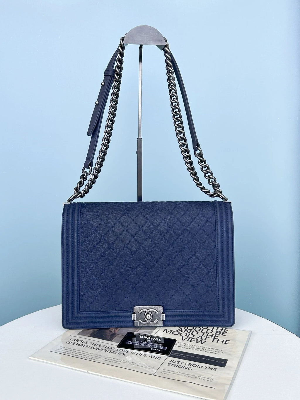 Chanel Leboy GM Calfskin Chain Shoulder Bag Crossbody Blue Silver Women