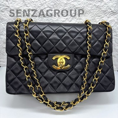 Chanel Vintage Black Gold Chain Shoulder Bag Quilted Pattern Women