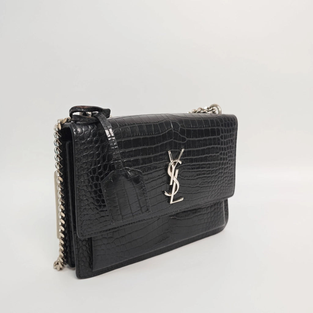 YSL Black Crocodile Embossed Medium Sunset Shoulder Crossbody Women