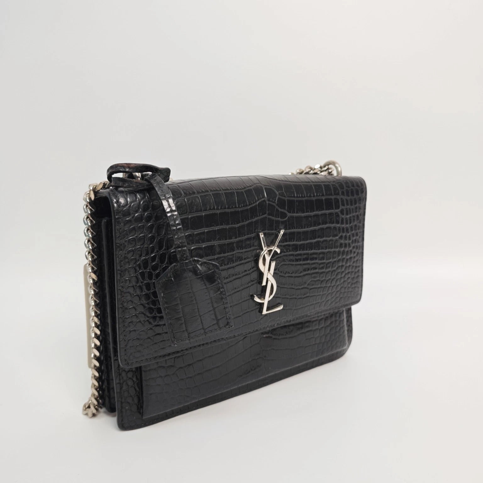 YSL Black Crocodile Embossed Medium Sunset Shoulder Crossbody Women