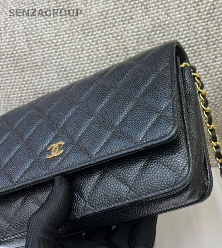 Chanel WOC Diamond Chain Crossbody Shoulder Bag Black Gold Women Classic