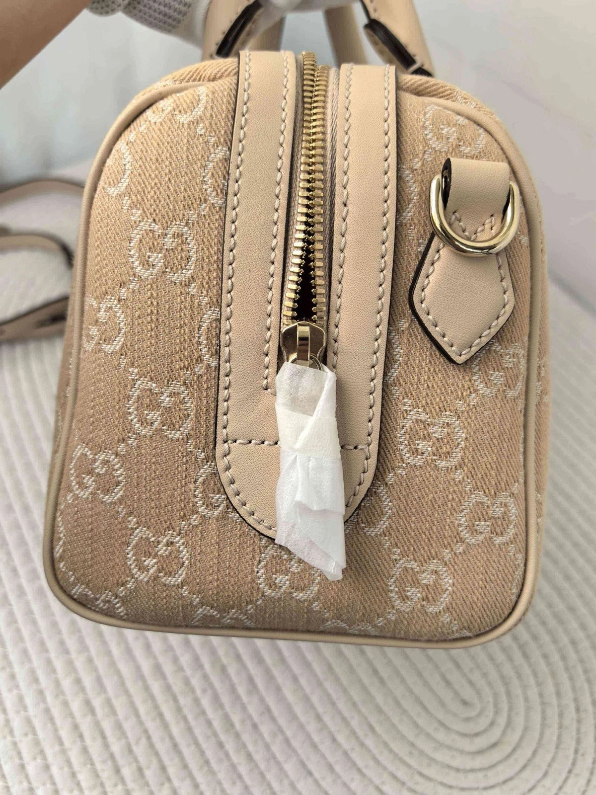 Excellent Gucci Boston Monogram Top Handle Crossbody Bag Beige Silver Hardware