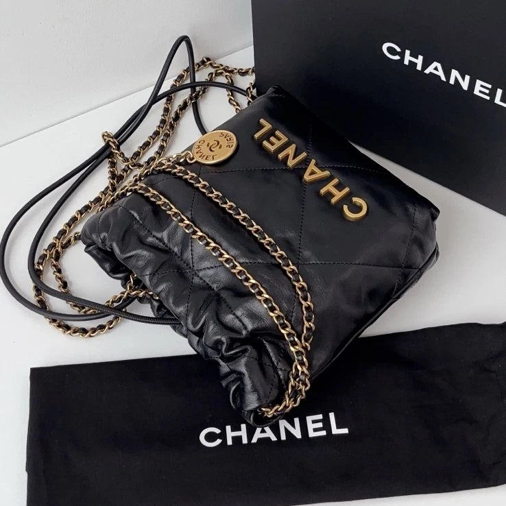 Excellent Chanel 22Bag Mini Gold Chain Black Handbag Shoulder Bag Crossbody