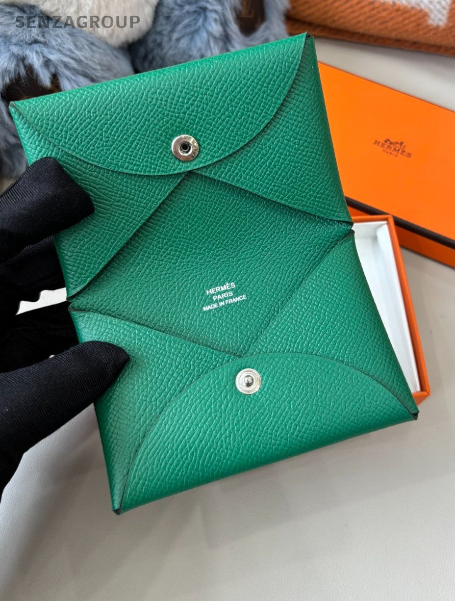Hermes Calvi Card Case Green Epsom Leather Purse