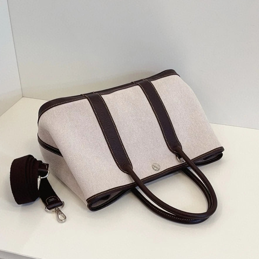 Hermes Garden Party30 Top Handle Shoulder Bag White Brown Silver Women Classic