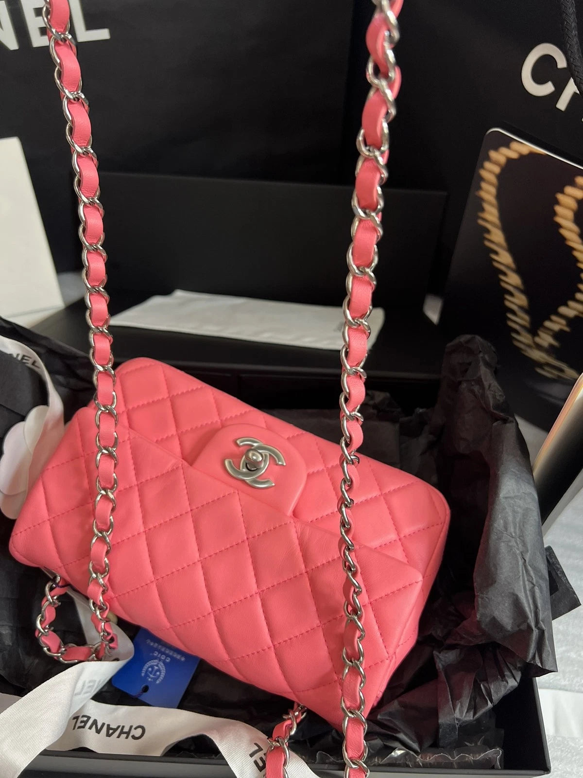 Chanel Classic Flap Mini Chain Shoulder Crossbody Pink Silver Women Fashion