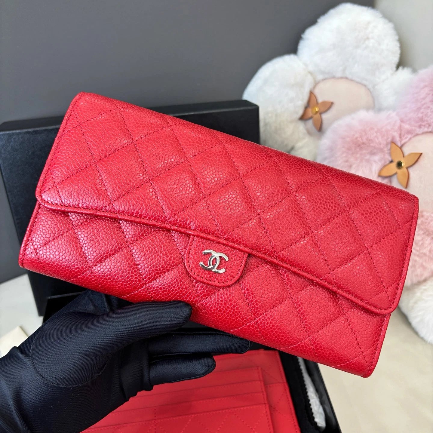 Chanel Calfskin Diamond Clutch Red Silver Women Classic
