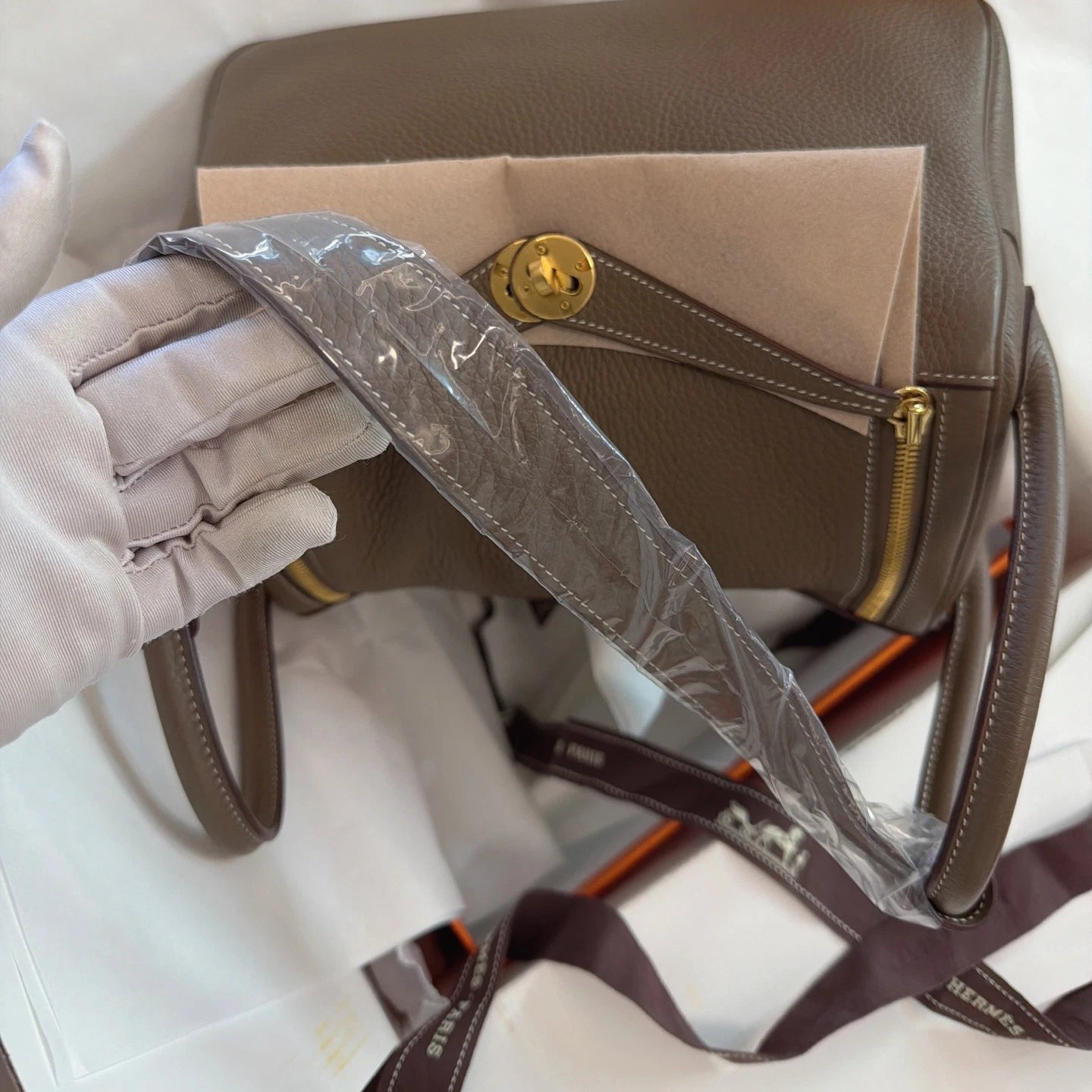 Hermes Lindy30 Top Handle Shoulder Bag Gray Gold Used Women Fashion Classic