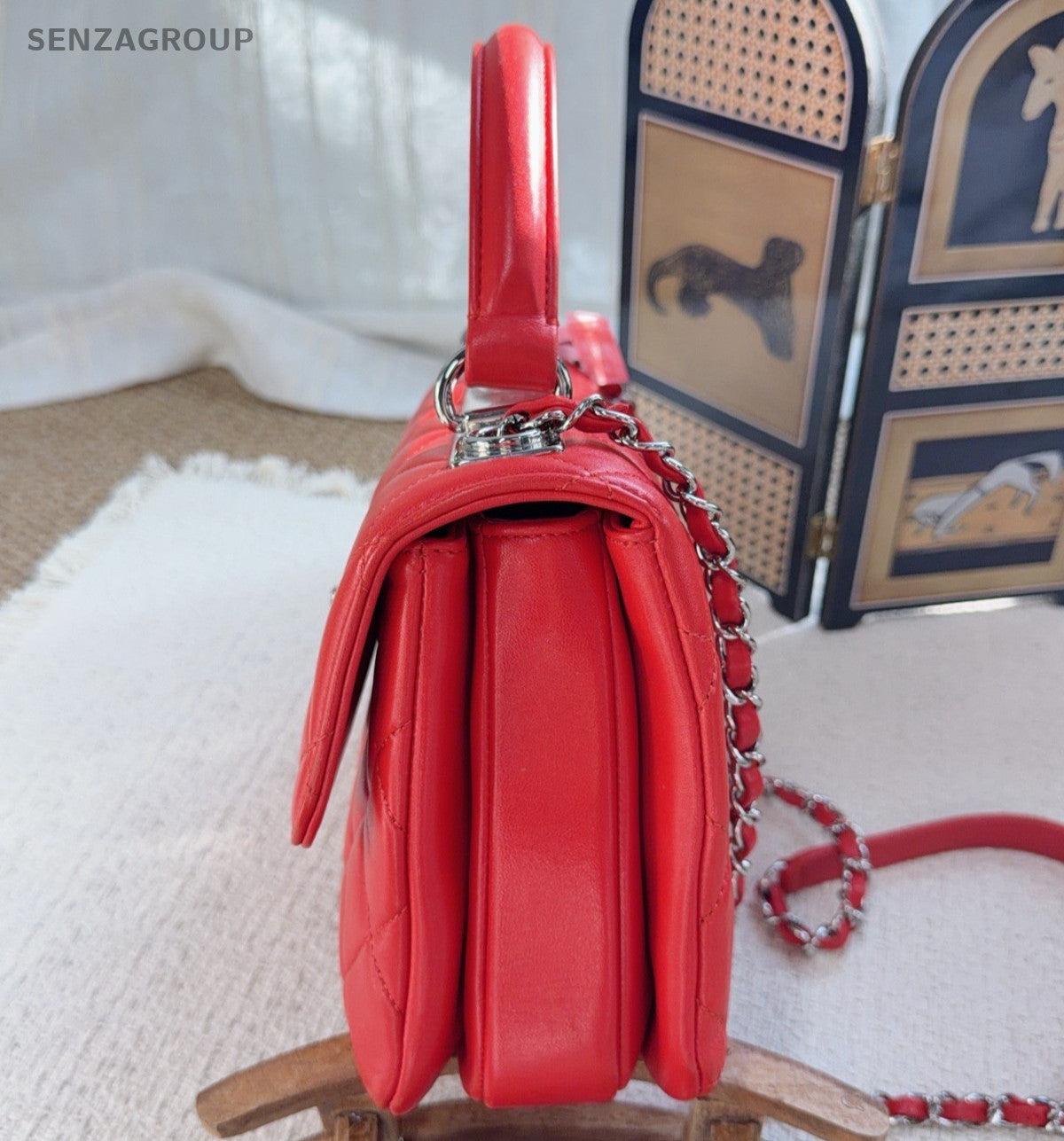 Chanel Trendy CC Chain Shoulder Bag Top Handle Bag Red Silver Women Classic