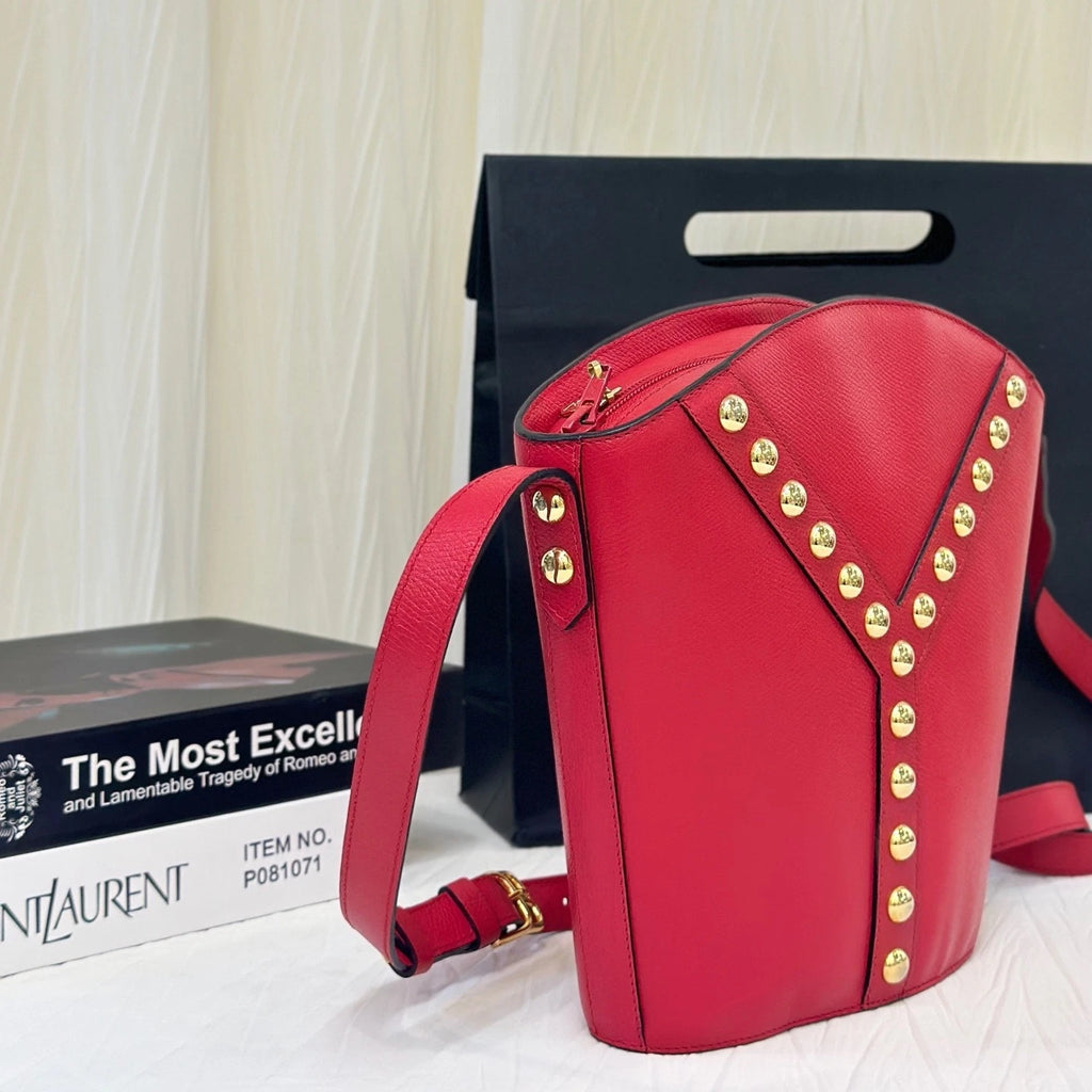 Saint Laurent Red Leather Rivet Flask Shoulder Crossbody For Women