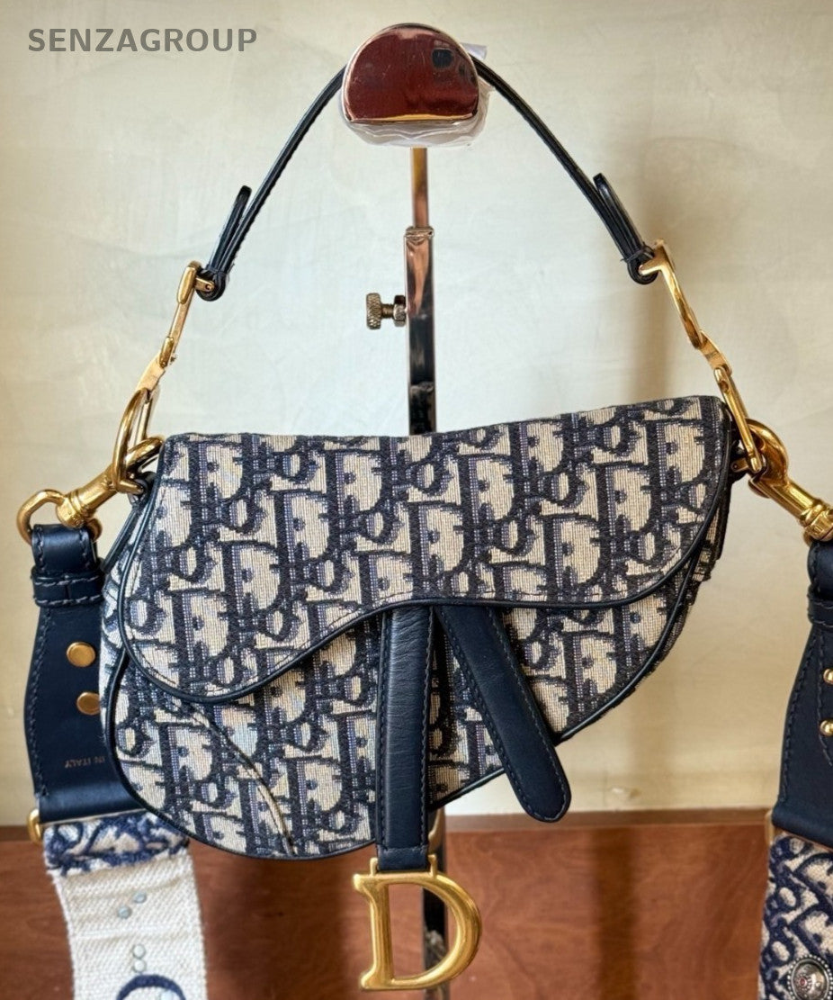 Christian Dior Oblique PM Monogram Saddle Shoulder Bag Blue Gold Women Classic