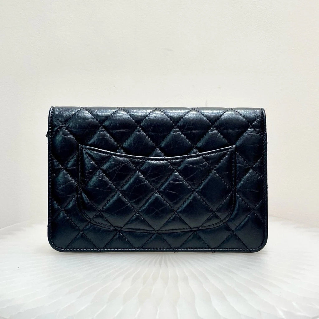 Chanel 2.55 WOC Calfskin Shoulder Bag Crossbody Black Gold Women Diamond