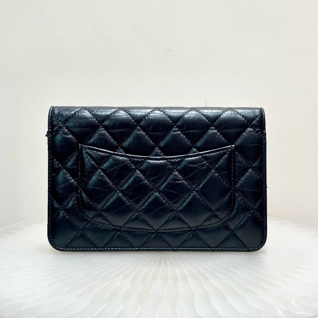 Chanel 2.55 WOC Calfskin Shoulder Bag Crossbody Black Gold Women Diamond