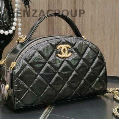 Chanel Bowling Quilted Chain Shoulder Bag Black Gold Classic Women's