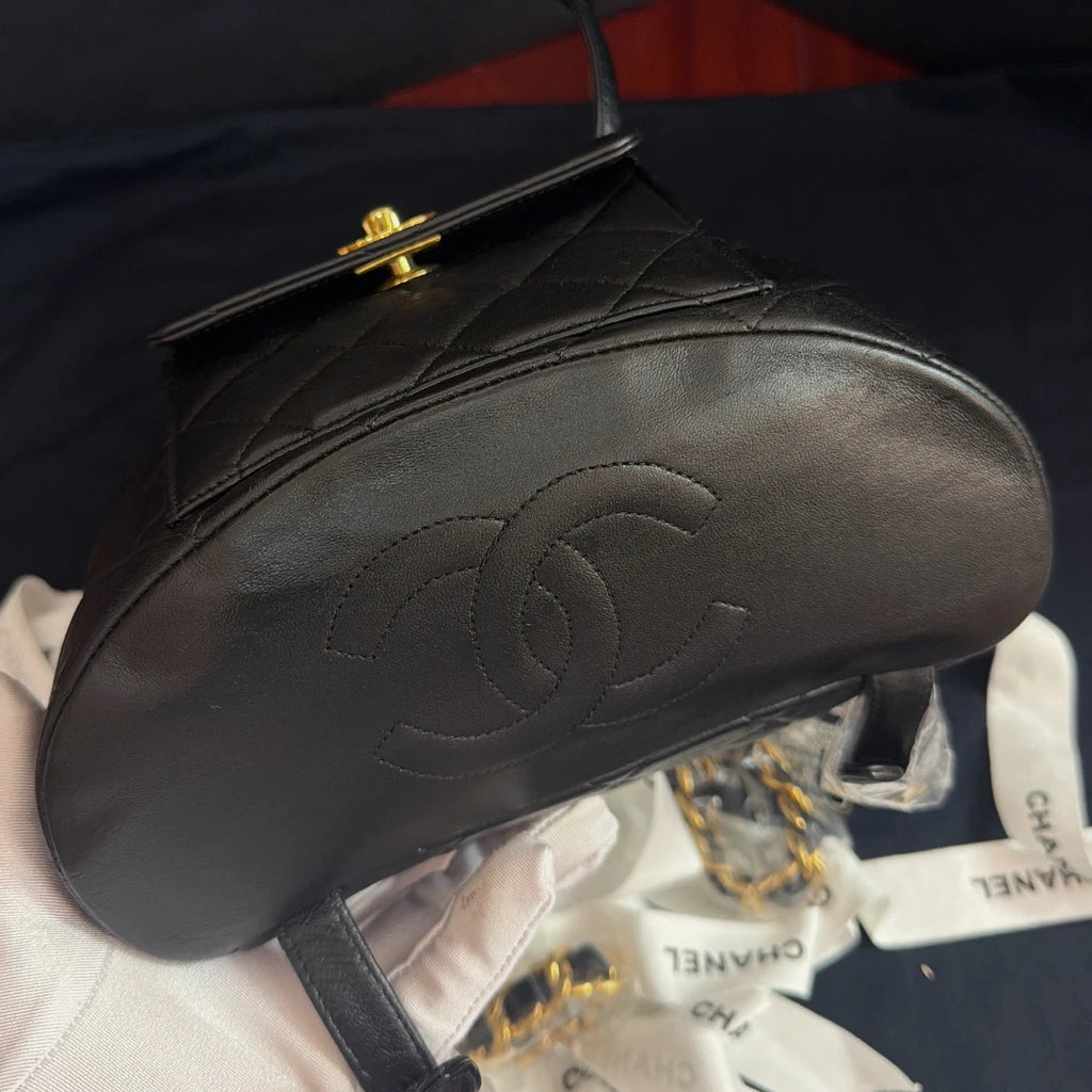 Vintage Chanel Duma Diamond Chain Black Backpack Gold Hardware