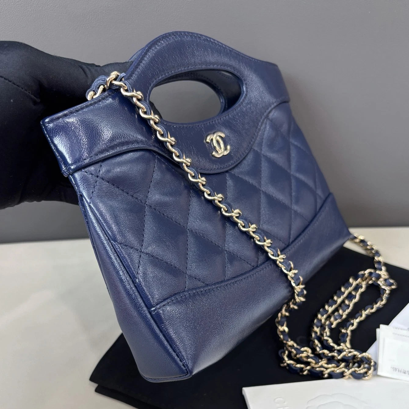 Chanel 31Bag Nano Chain Top Handle Crossbody Blue Gold Diamond Women Classic