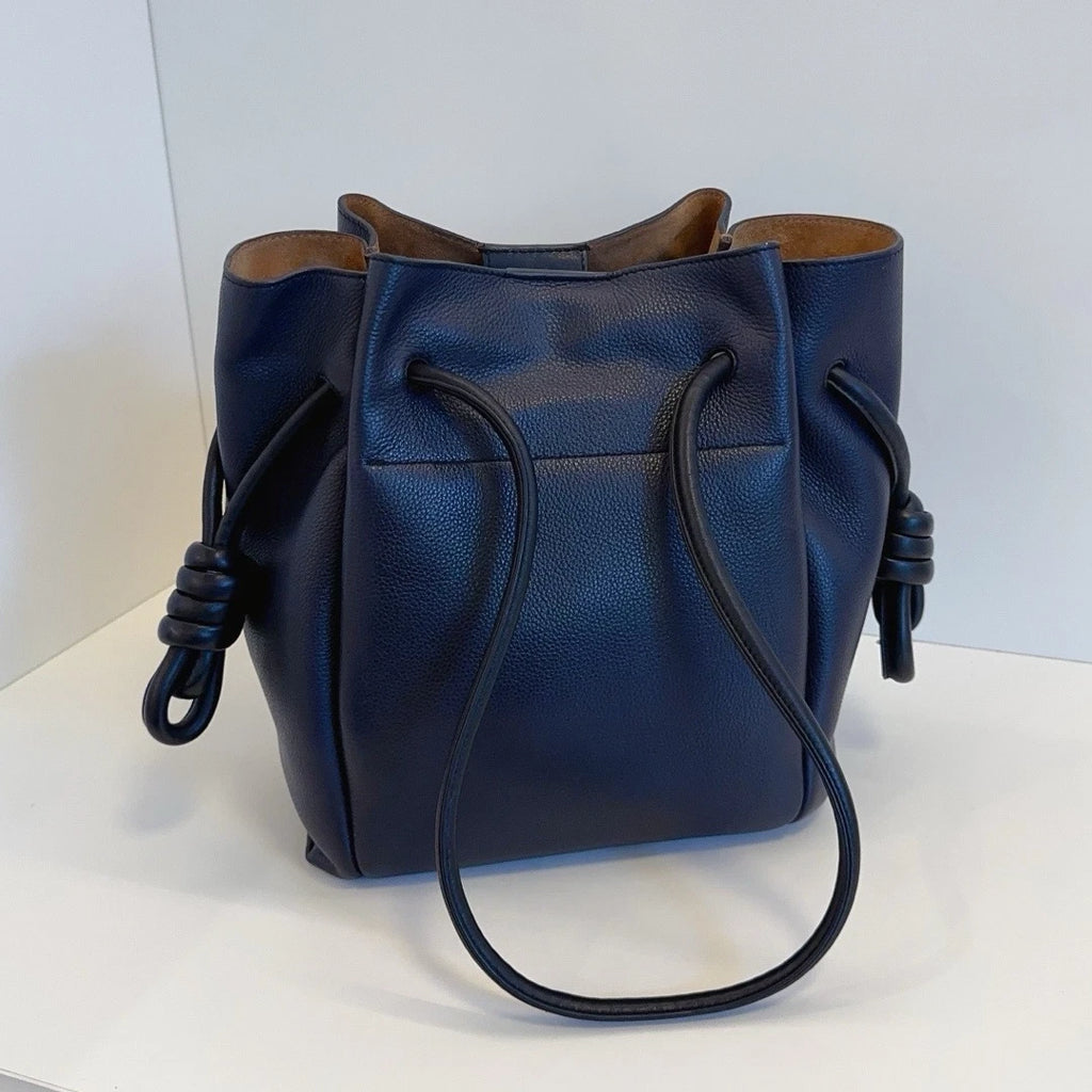 Authentic Loewe Flamenco Knot Navy Blue Drawstring Tote Shoulder Crossbody Bag