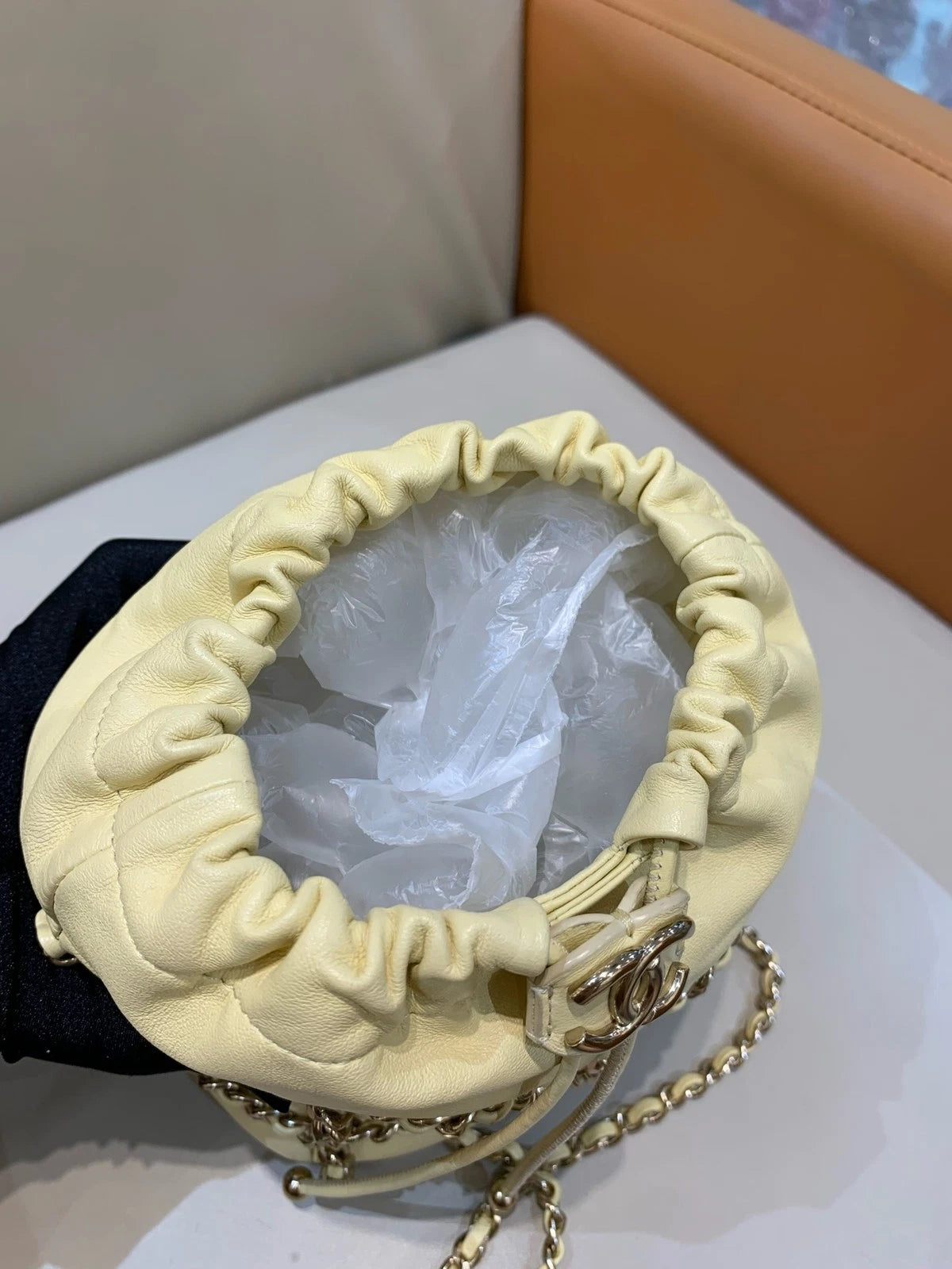 CHANEL Women Yellow Drawstring Bucket Chain Crossbody Bag