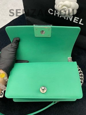 Chanel Small Le Boy Chevron Green Silver Chain Shoulder Bag Women Classic