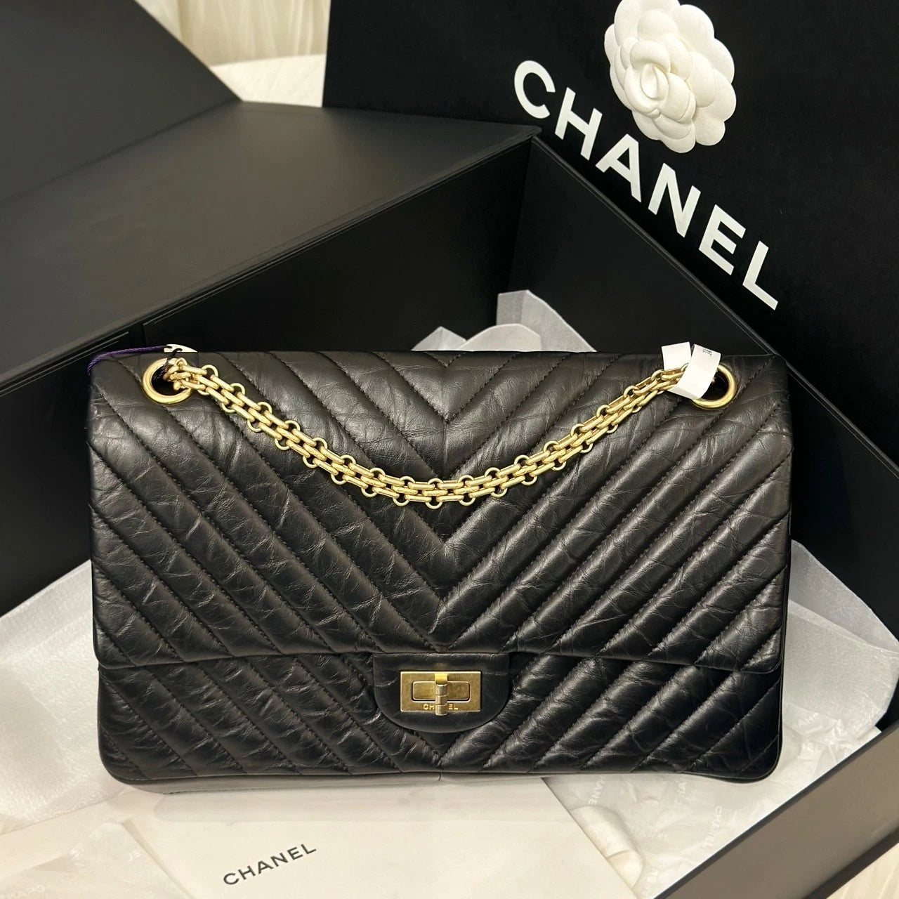 CHANEL Black Gold Waxed Calfskin 2.55 Medium Chain Shoulder Bag Women