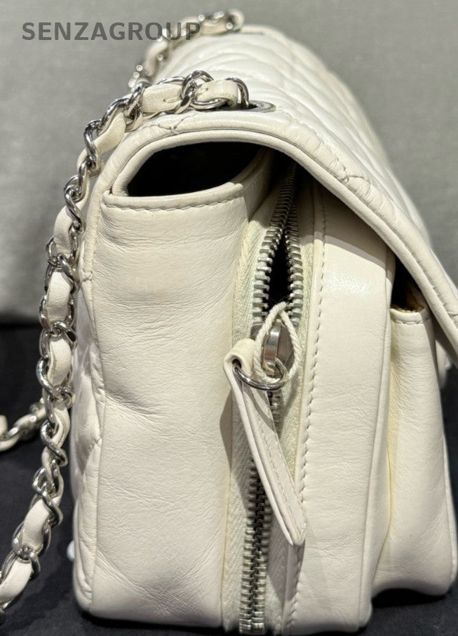 Chanel Classic Flap Chain Shoulder Bag Crossbody White Silver Women Designer