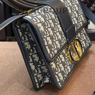 Dior Montaigne Oblique Denim Blue Gold Medium Shoulder Bag Women Classic