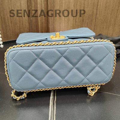 Chanel Blue Gold Camellia Quilted Chain Shoulder Backpack Classic Fashion