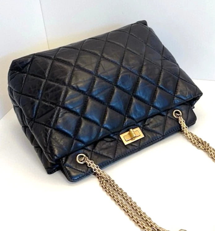 CHANEL 2.55 Black Gold Oil wax leather Shoulder Handbag Classic Small - Pre-Owned