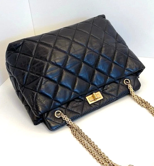 CHANEL 2.55 Black Gold Oil wax leather Shoulder Handbag Classic Small - Pre-Owned