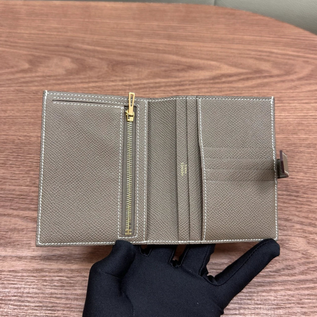 Hermes Bearn Compact Epsom Clutch Wallet Gray Gold Used Women Classic