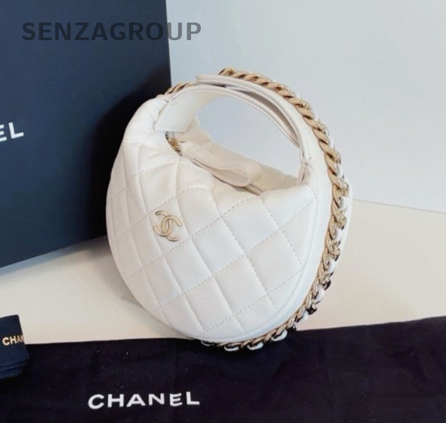 Chanel Pouch Hobo White Gold Top Handle Bag Used Women Classic