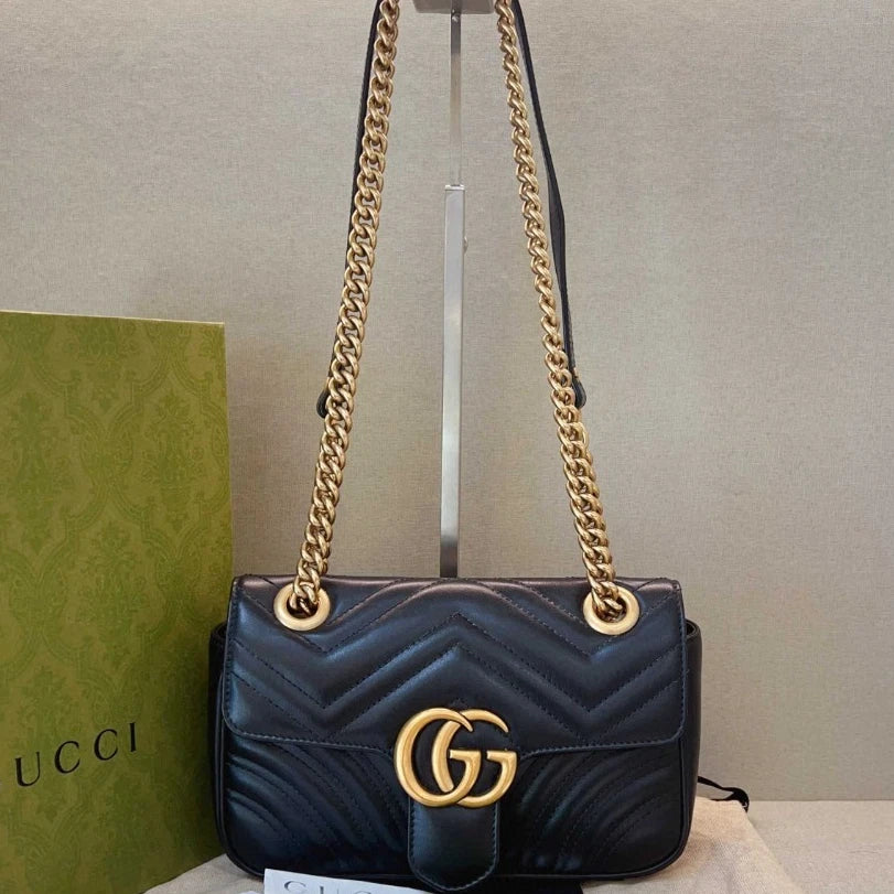 Gucci Marmont22 Black Gold Leather Shoulder Crossbody Bag For Women