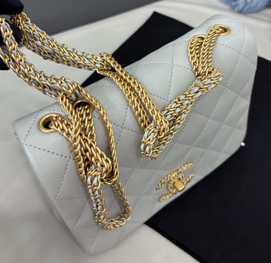 Chanel Diamond Double Chain Shoulder Bag Gray Gold Women Classic Fashion