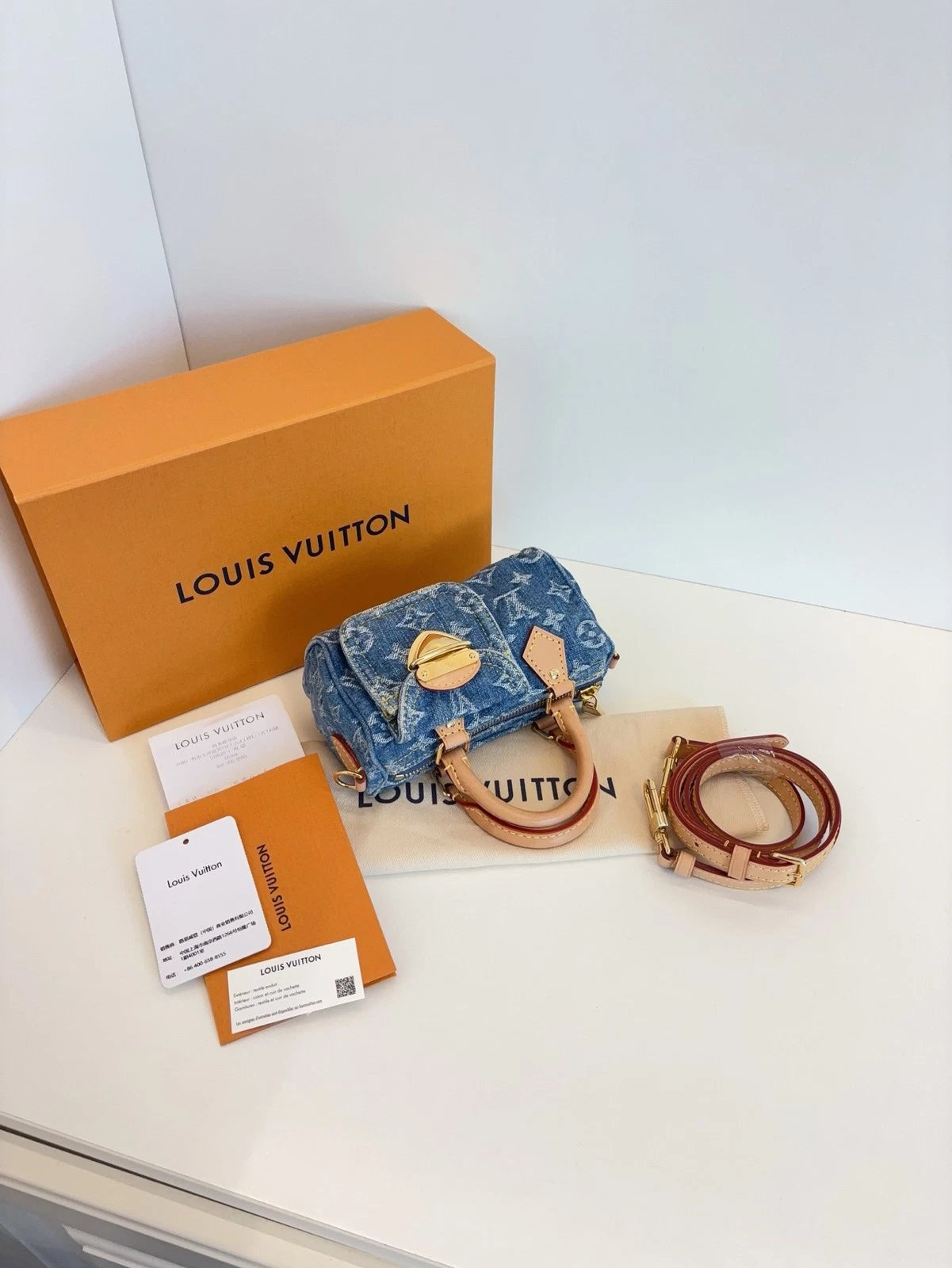 Louis Vuitton Speedy Nano Handbag Women's Crossbody Bag Blue Denim Monogram