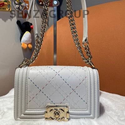 Chanel Le Boy White Gold Chain Quilted Shoulder Bag Women Classic Fashion