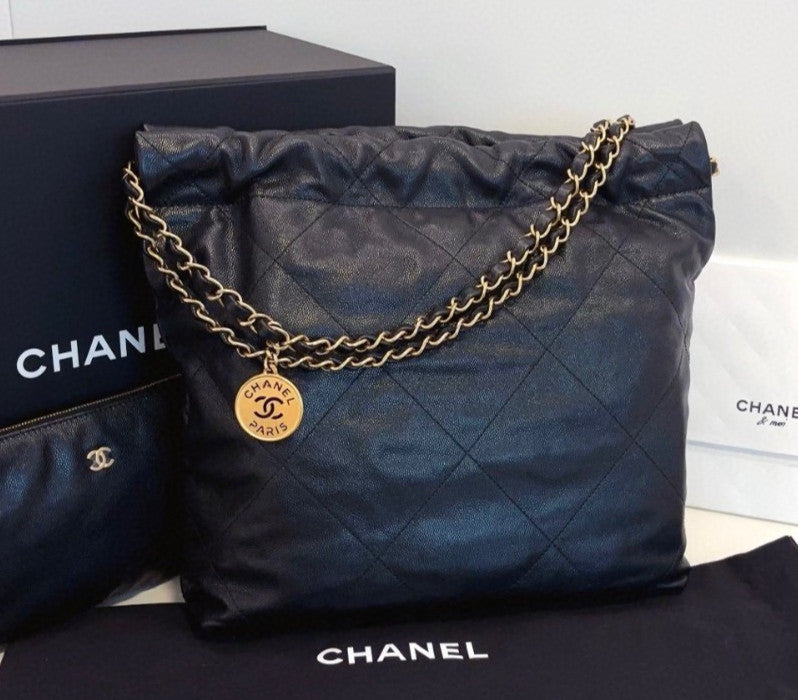 Chanel 22Bag PM Chain Shoulder Bag Black Gold Diamond Women Classic