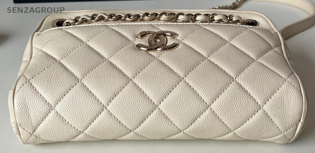 Chanel Calfskin PM Chain Shoulder Bag Crossbody Beige Silver Women Classic