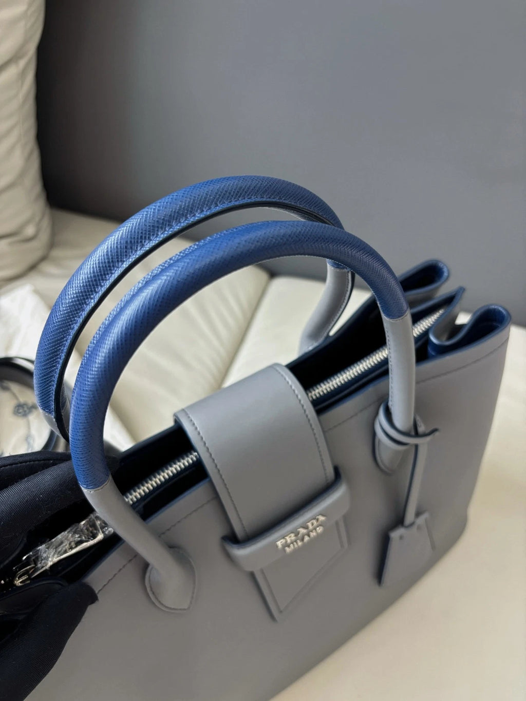 Prada Double Bag Calfskin Top Handle Shoulder Bag Gray Silver Women Classic